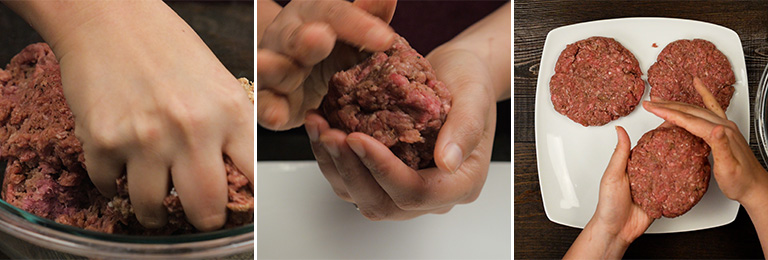 Three-panel image showing how to form loco moco hamburger patties — mixing seasoned ground beef in a bowl, shaping the meat into a ball using the patty-cake method, and pressing finished patties onto a white plate