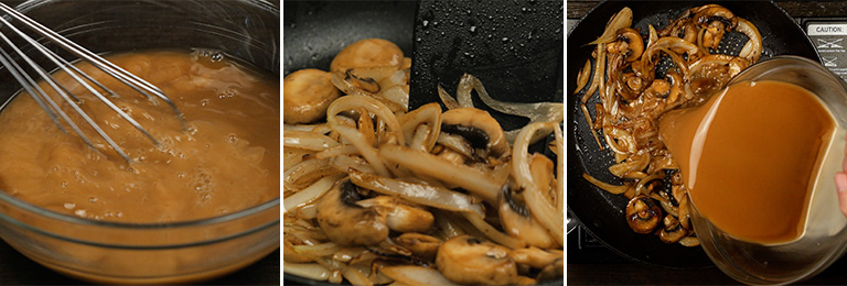 Three-panel image showing how to make loco moco brown gravy — whisking the gravy base with cornstarch, sautéing mushrooms and caramelized onions in a skillet, and pouring the gravy mixture into the pan