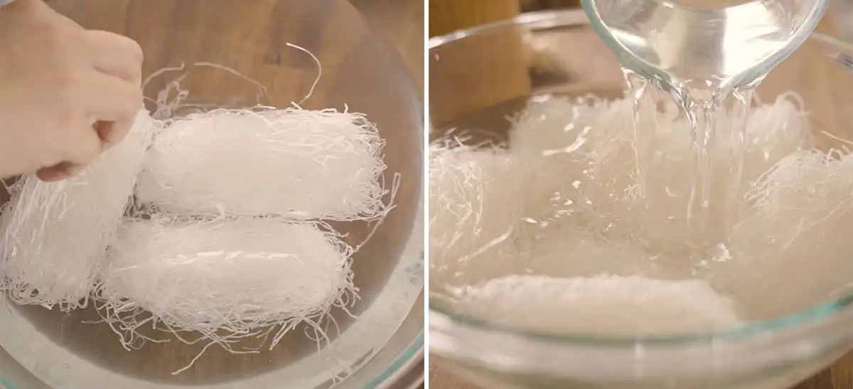Two bundles of dry bean thread noodles in a large glass bowl, then water being poured over the noodles to soak them