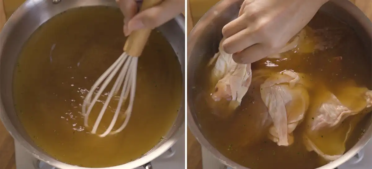 Whisking seasoned broth in a large stainless steel pot, then placing raw chicken pieces into the broth