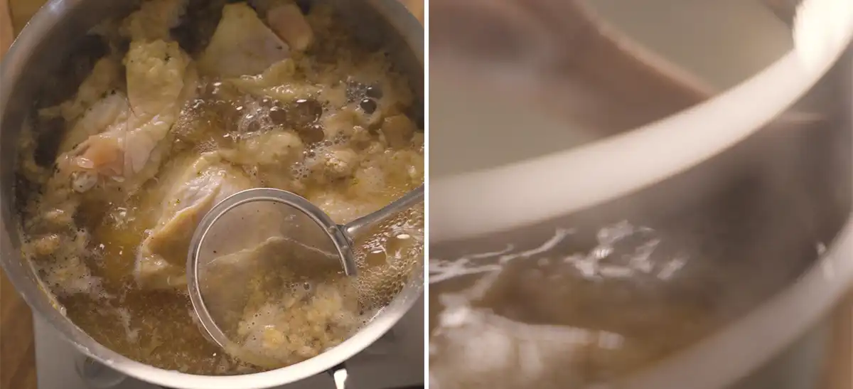 Chicken simmering in broth with a fine mesh skimmer removing foam from the surface, then the strained golden broth being poured into a clean pot