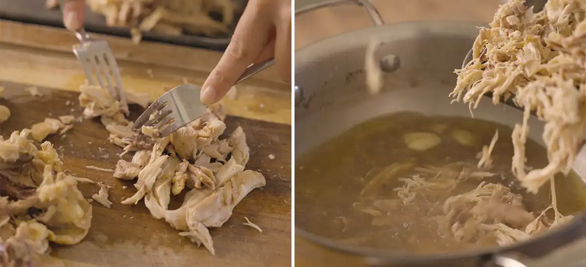 Two forks shredding poached chicken on a wooden cutting board, then the shredded chicken being added back into the pot of broth
