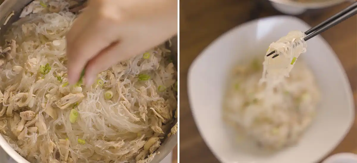 Sliced green onions being scattered over the finished chicken long rice in the pot, then a serving of chicken long rice in a white bowl lifted with black chopsticks