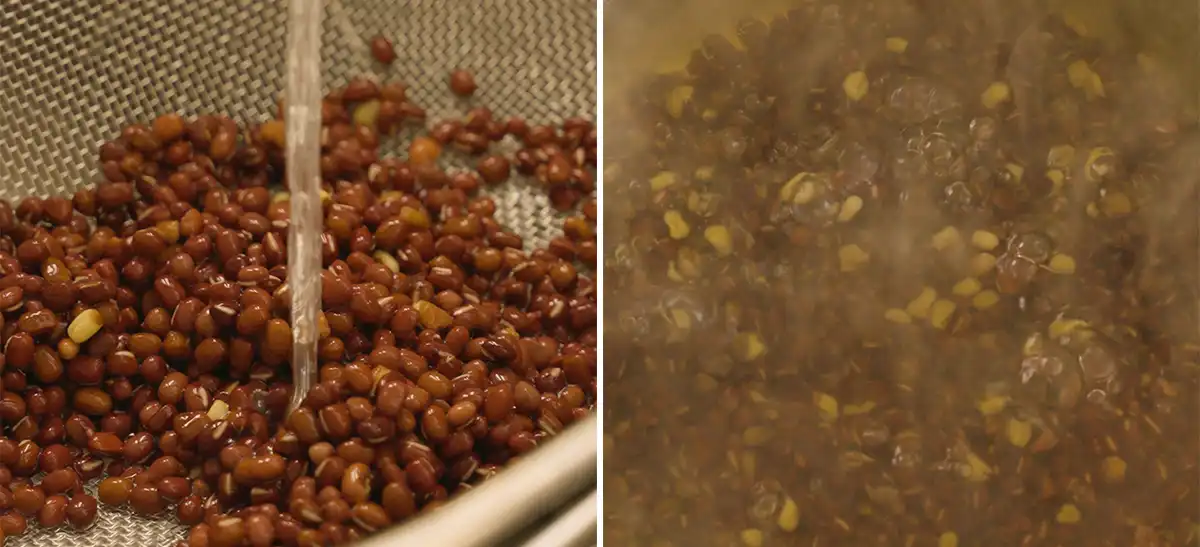 Dried azuki beans being rinsed in a fine mesh strainer under running water (left); azuki beans boiling in a pot of water, steam rising from the surface (right)