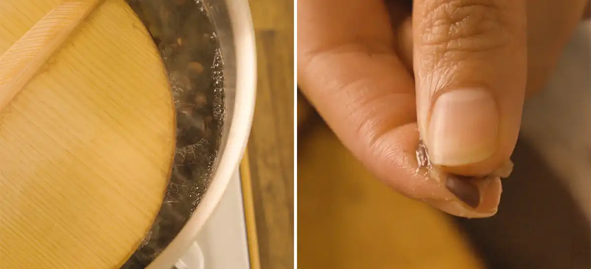 A pot of azuki beans simmering with a wooden lid partially covering it (left); fingers pinching a single cooked azuki bean to test for doneness, the bean easily squishing flat (right)
