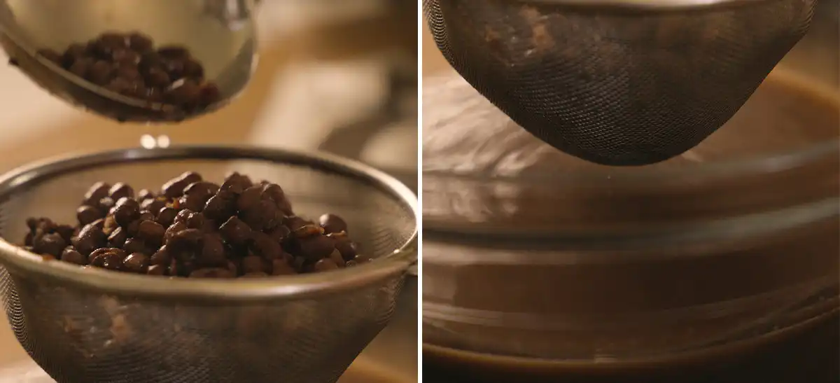 Cooked azuki beans draining in a fine mesh strainer set over a bowl (left); liquid pressing through a fine mesh strainer into a bowl below (right)