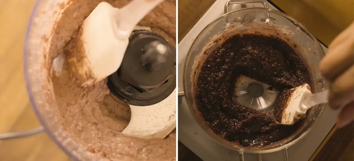 Azuki bean paste being blended in a food processor, showing a light, smooth consistency (left); fully processed anko in the food processor, dark and thick, being scraped down with a spatula (right)