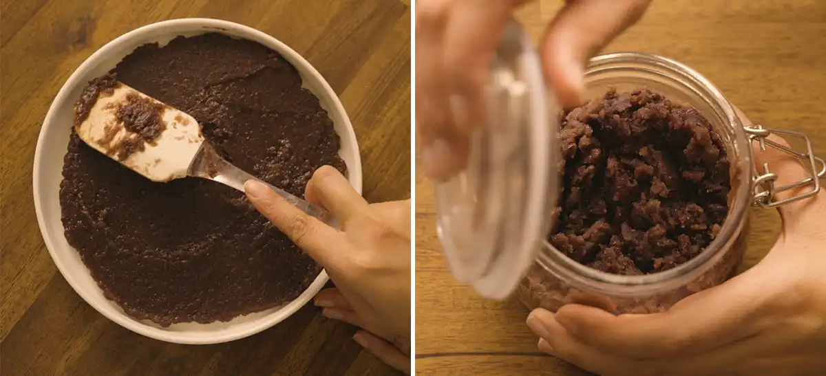 Finished smooth anko spread in a white bowl, deep reddish-brown in color, with a spatula resting across it (left); chunky tsubuan-style anko stored in a glass jar with a hinged lid being closed (right)