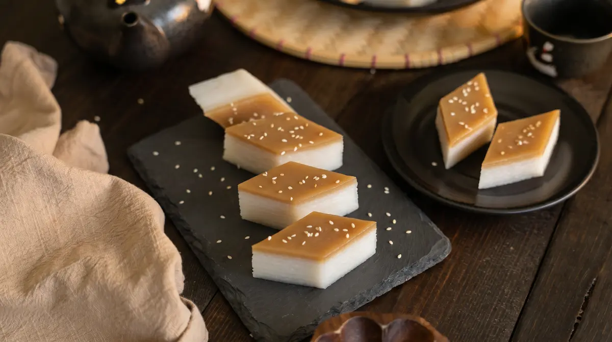 Diamond-cut pieces of layered rice cake on a dark slate board, showing distinct white layers topped with a golden brown sugar layer and scattered sesame seeds, styled with a ceramic teapot, dark plates, and linen cloth on a dark wood table