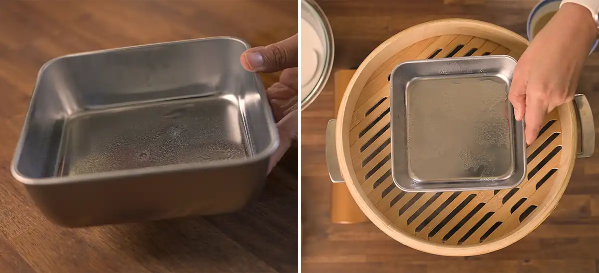 Two-panel image showing the cooled milk mixture being poured into the flour bowl for layered rice cake batter on the left, and brown sugar being added to the reserved top layer portion on the right