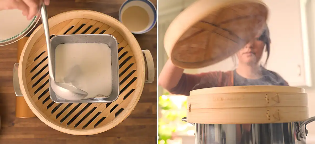 Two-panel image showing a lightly oiled square metal pan for layered rice cake on the left, and the pan being placed inside a bamboo steamer on the right