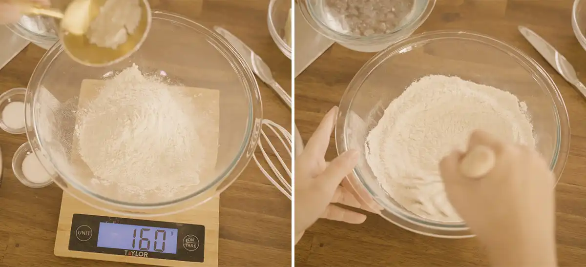 Weighing out 160 grams of all-purpose flour on a kitchen scale for a Hawaiian manju recipe Right: Hands mixing the dry ingredients together in a large glass mixing bowl