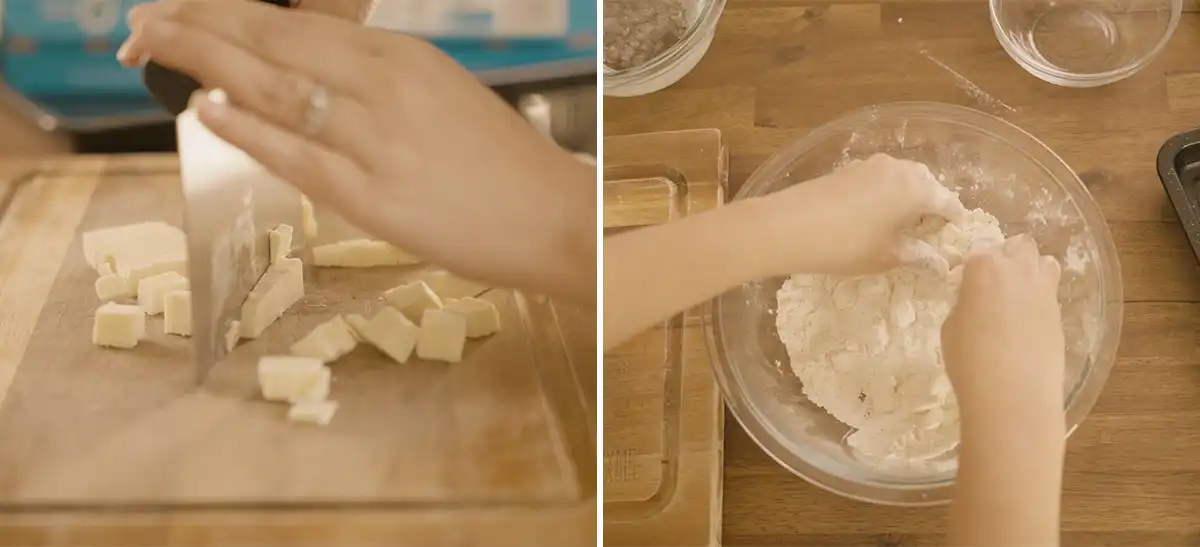 Cold unsalted butter being cut into small cubes on a wooden cutting board for manju pastry dough Right: Hands working cold butter into the flour mixture in a glass bowl to form a coarse, crumbly texture