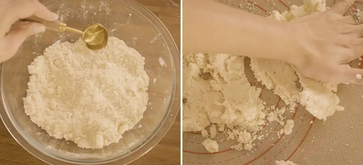 Ice water being drizzled from a gold measuring spoon into the sandy flour-butter mixture for manju dough Right: Heel of a hand smearing shaggy manju pastry dough across a silicone baking mat using the fraisage technique