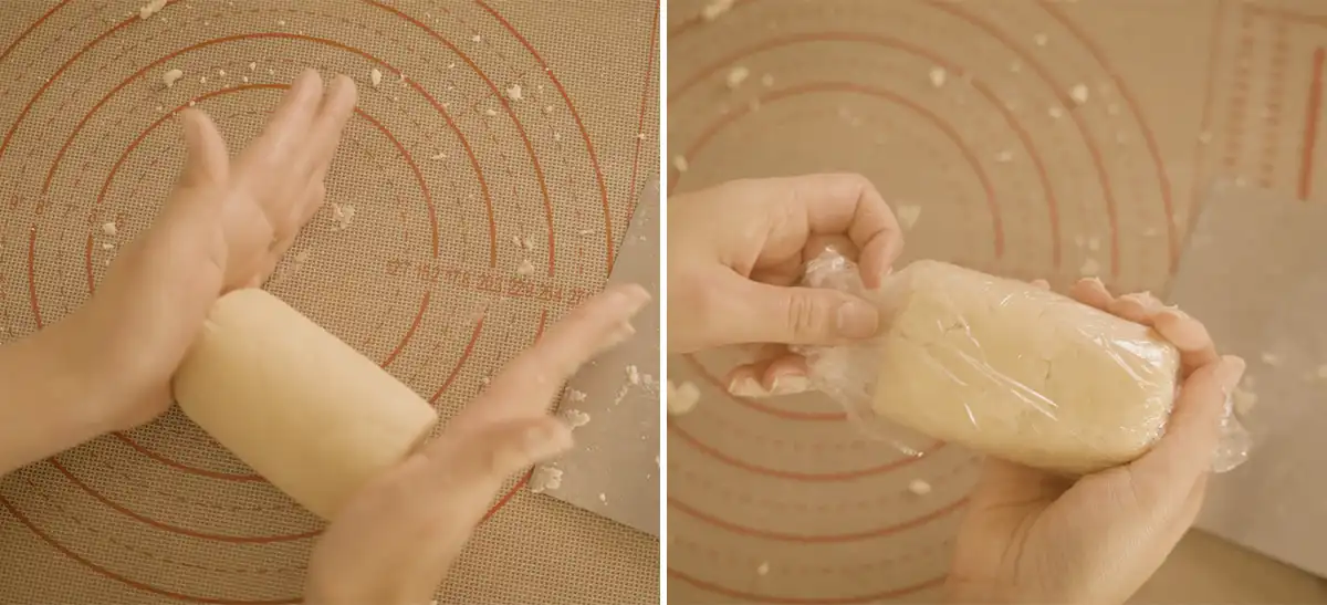 Hands shaping Hawaiian manju pastry dough into a log on a silicone pastry mat Right: Manju dough log being wrapped tightly in plastic wrap before going into the refrigerator to chill