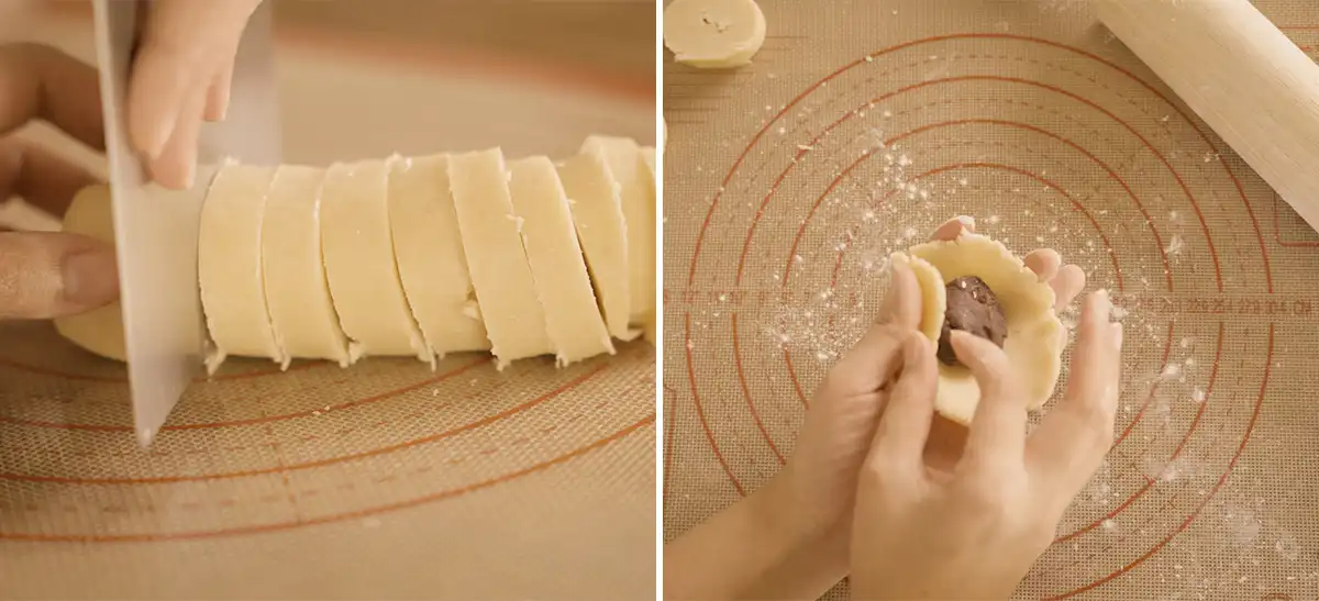 Chilled manju dough log being sliced into equal rounds with a knife on a silicone pastry mat Right: Hands crimping manju pastry dough around an anko filling to seal the edges