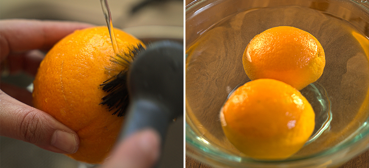 Close-up of hands holding a curled piece of dried orange peel over a mesh dehydrator tray with more dried peels scattered around.
Right: Person in a red shirt breaking apart a piece of dried orange peel over a mesh tray on a wooden table.