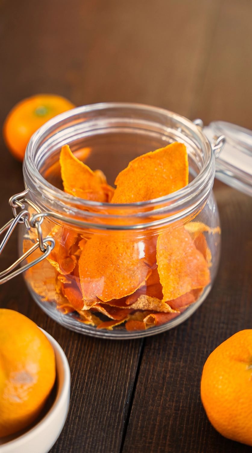 Glass clamp jar filled with dried orange peel chips photographed at eye level with fresh tangerines and a small white bowl visible in the foreground on a dark wood surface