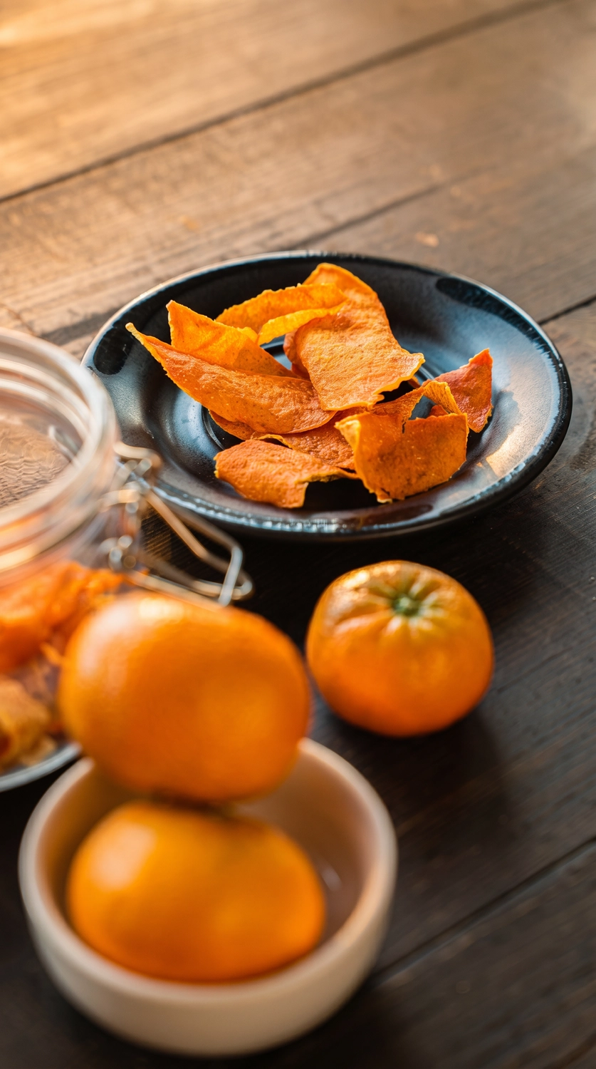 Glass clamp jar filled with dried orange peel chips photographed at eye level with fresh tangerines and a small white bowl visible in the foreground on a dark wood surface