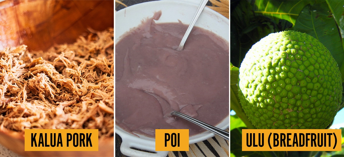 Three-panel collage showing kalua pork (shredded smoked pork in a wooden bowl), poi (smooth purple-gray taro paste in a white bowl with a spoon), and ulu breadfruit (a large round green fruit with bumpy skin on a tree branch).