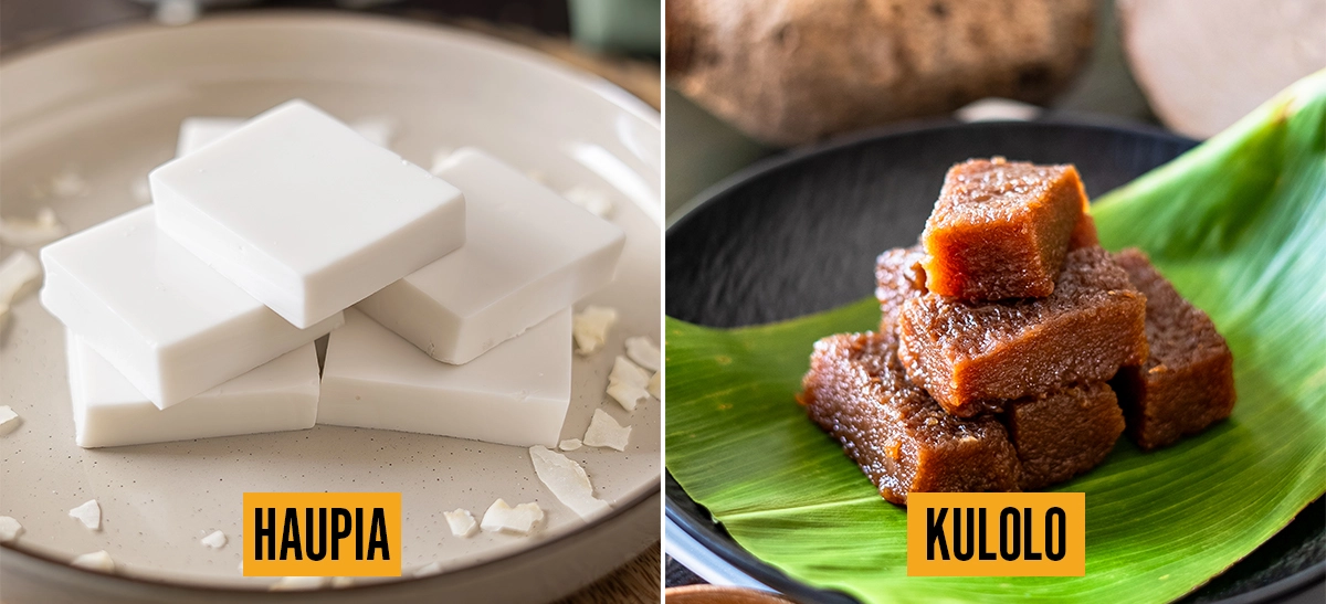 Two-panel collage showing haupia (stacked white coconut pudding squares on a ceramic plate) and kulolo (golden-brown taro and coconut pudding cubes stacked on a green ti leaf).