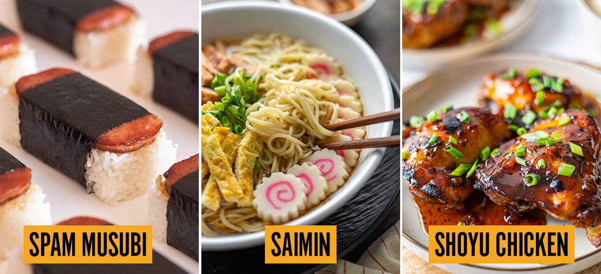 Three-panel collage showing spam musubi (rectangles of rice and grilled spam wrapped in nori), saimin (a bowl of noodle soup with fish cake, egg strips, green onions, and chopsticks), and shoyu chicken (glazed chicken thighs in a rich soy-based sauce, garnished with green onions).