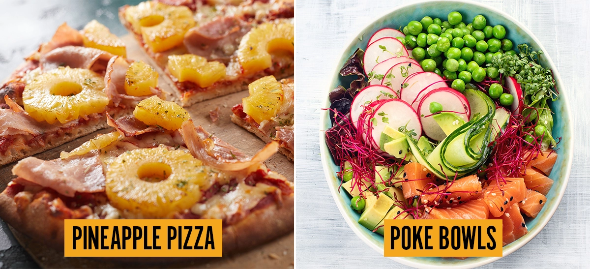 Two-panel collage showing pineapple pizza (flatbread topped with ham, bacon, pineapple rings, and melted cheese) and a mainland-style poke bowl (a decorative bowl layered with salmon, avocado, radishes, cucumbers, peas, and microgreens).