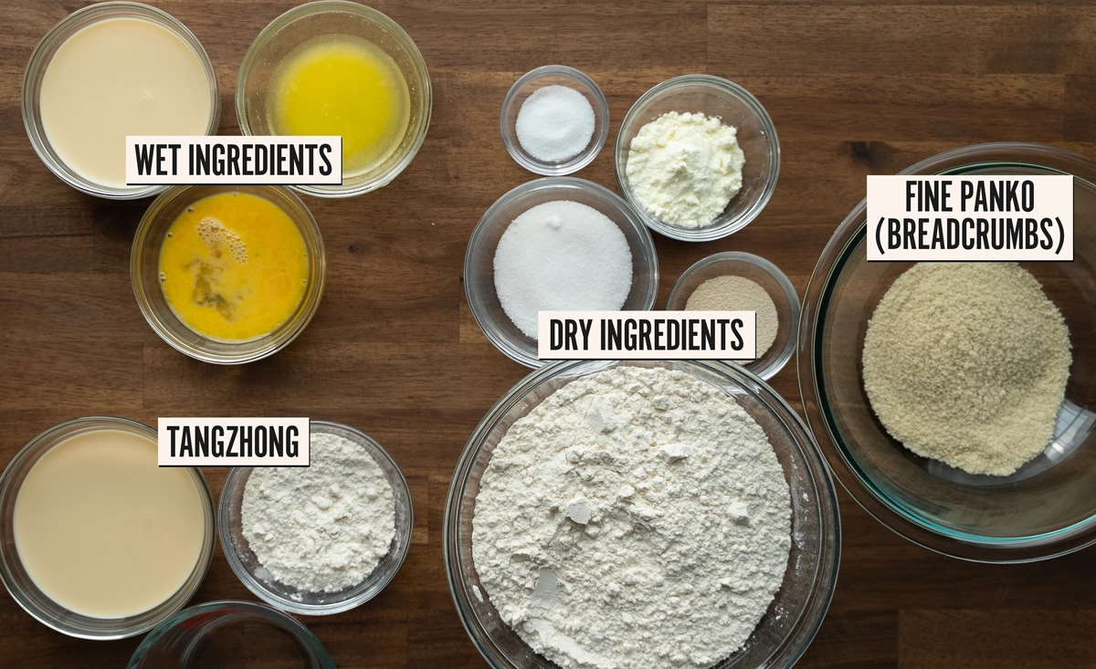 Overhead view of labeled pandesal ingredients in glass bowls: wet ingredients, dry ingredients, tangzhong, and fine breadcrumbs.