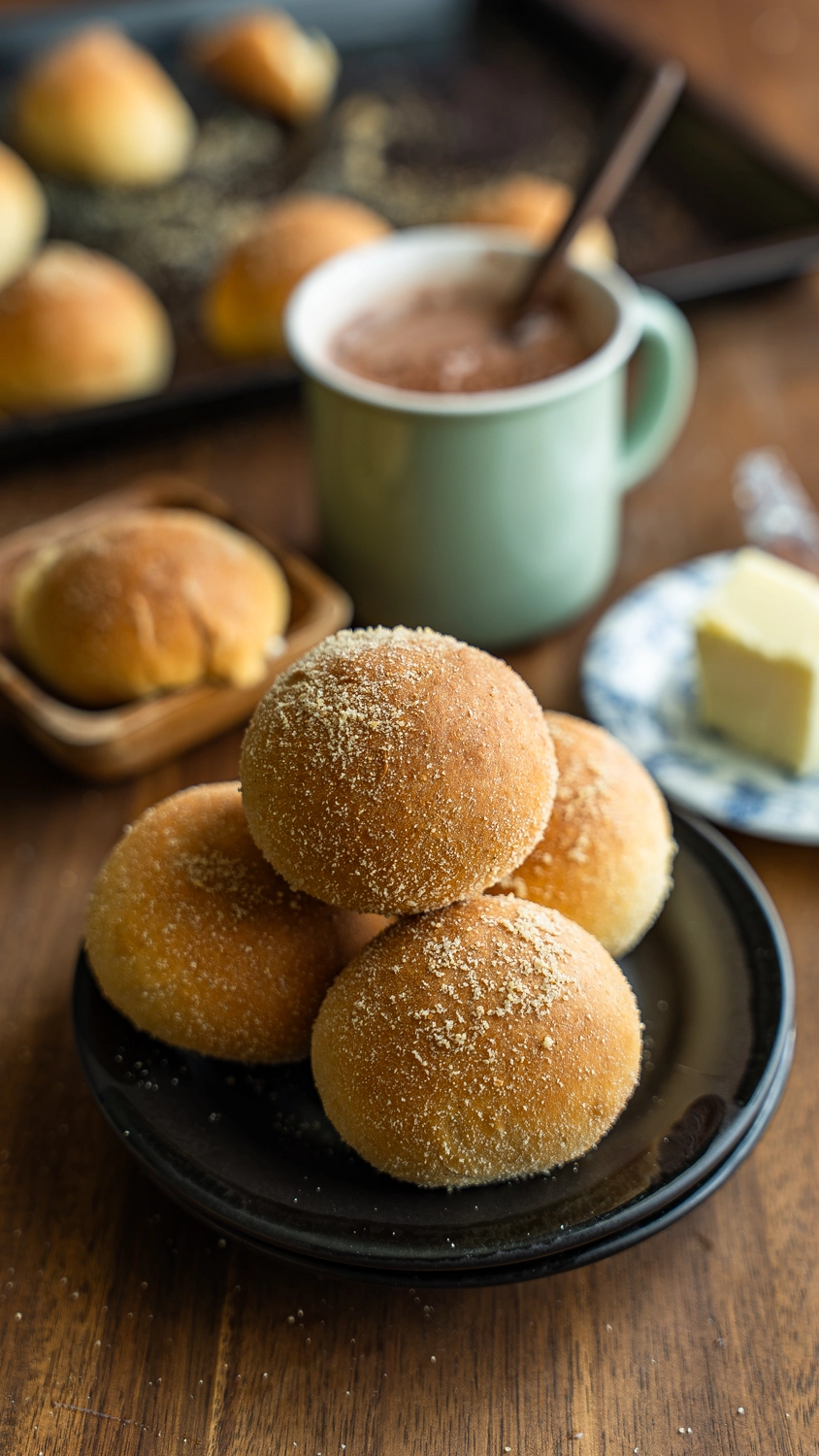 Vertical stack of soft pandesal rolls rolled in breadcrumbs on a black plate, with hot chocolate and butter in the background.
