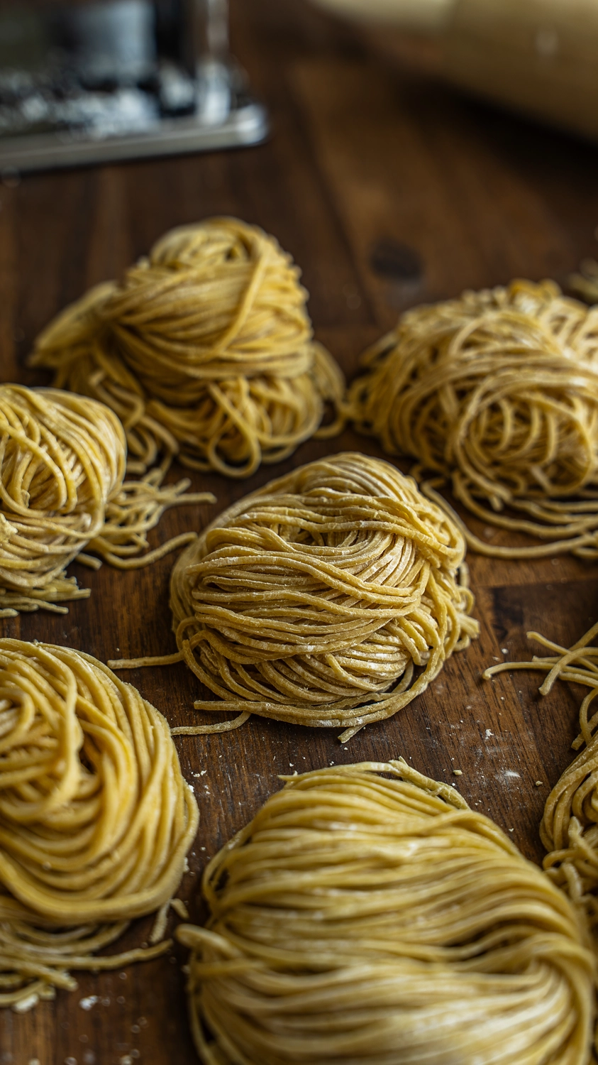 Close-up of hand-rolled saimin noodle nests on a wood counter, with a pasta roller and rolling pin blurred in the background