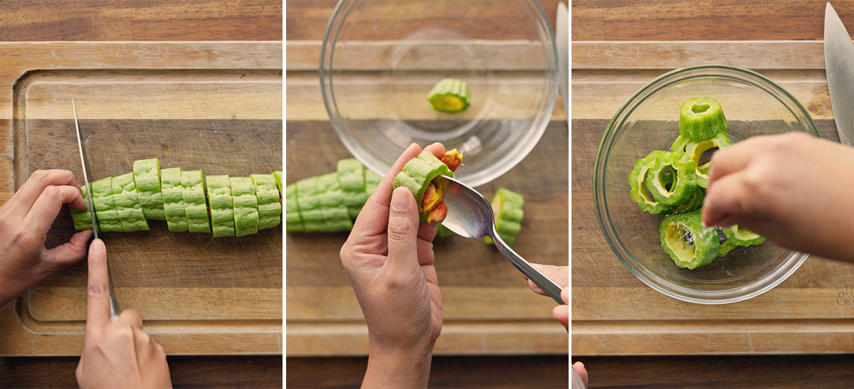Bitter melon sliced into rings, seeds scooped out, and rinsed rings in a glass bowl
