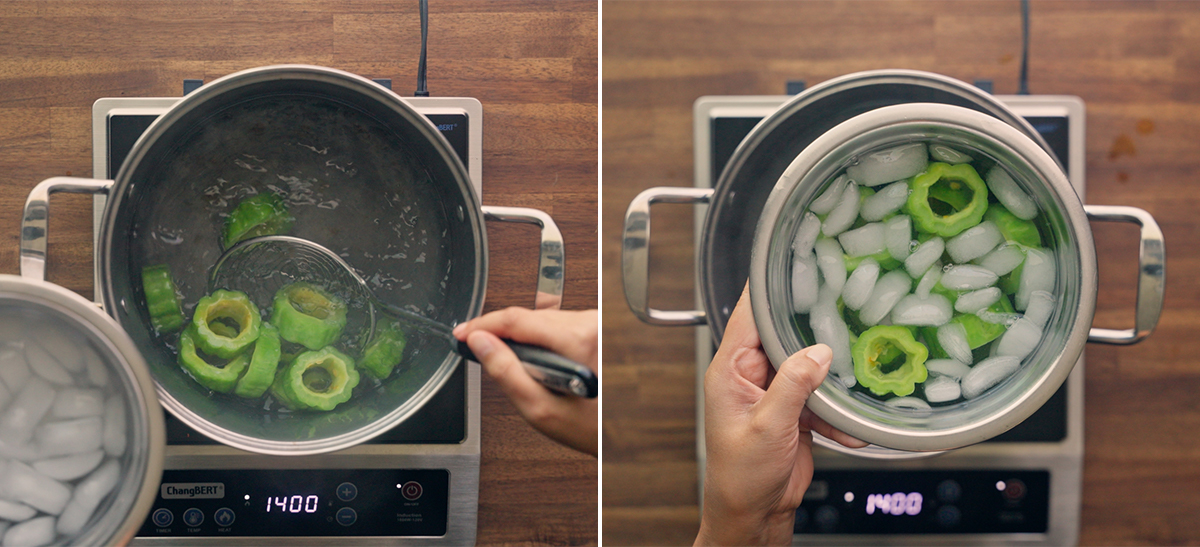 Bitter melon rings blanching in boiling water, then cooling in an ice bath