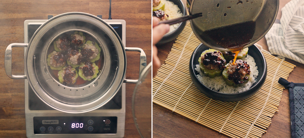 Stuffed bitter melon steaming in a metal steamer basket, then black bean sauce poured over the finished dish